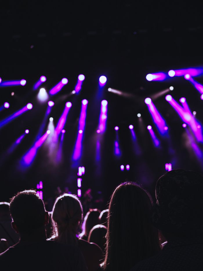 Silhouettes of a concert crowd enjoying vibrant stage lighting in a nightclub setting.
